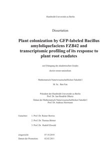 Plant colonization by GFP-labeled Bacillus amyloliquefaciens FZB42 and transcriptomic profiling of its response to plant root exudates [Elektronische Ressource] / Ben Fan. Gutachter: Rainer Borriss ; Thomas Börner ; Rudolf Ehwald