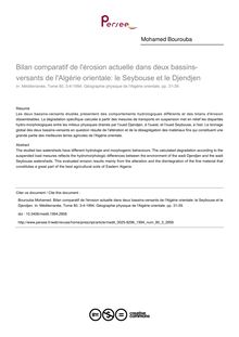 Bilan comparatif de l érosion actuelle dans deux bassins-versants de l Algérie orientale: le Seybouse et le Djendjen - article ; n°3 ; vol.80, pg 31-39