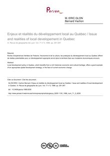Enjeux et réalités du développement local au Québec / Issue and realities of local developement in Quebec - article ; n°3 ; vol.71, pg 261-267