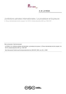 Juridictions pénales internationales. La procédure et la preuve - note biblio ; n°4 ; vol.55, pg 1005-1007
