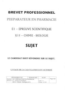 Chimie - Biologie 2005 BP - Préparateur en pharmacie