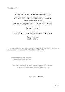 Sciences physiques appliquées 2007 BTS Conception et industrialisation en microtechniques