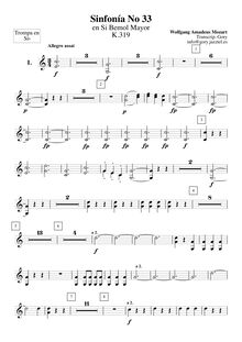Partition cornes 1, 2 (en B♭), Symphony No.33, B♭ major, Mozart, Wolfgang Amadeus