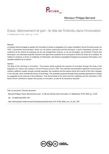 Essai, tâtonnement et pari : le rôle de l individu dans l innovation - article ; n°39 ; vol.19, pg 14-29