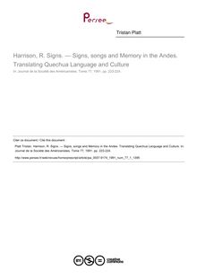 Harrison, R. Signs. — Signs, songs and Memory in the Andes. Translating Quechua Language and Culture  ; n°1 ; vol.77, pg 223-224