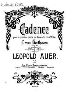 Partition Cadenza, violon Concerto, D Major, Beethoven, Ludwig van