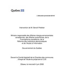 Intervention de M. Benoît Pelletier devant le Comité législatif de la Chambre des communes chargé