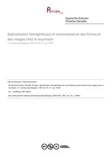 Spécialisation hémisphérique et reconnaissance des formes et des visages chez le nourrisson - article ; n°1 ; vol.91, pg 15-46
