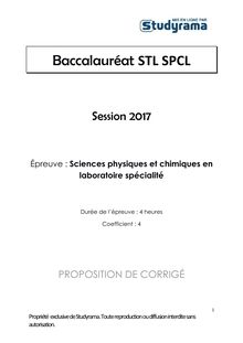 Corrigé Bac STL SPCL 2017 - Sciences physiques et chimiques en laboratoire spécialité