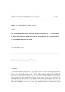 NOUVELLES TECHNOLOGIES DANS LES ECOLES 01.004 Rapport du Conseil d ...