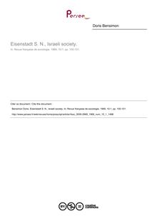 Eisenstadt S. N., Israeli society.  ; n°1 ; vol.10, pg 100-101