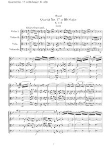 Partition complète, corde quatuor No.17, Hunt Quartet, B♭ major par Wolfgang Amadeus Mozart