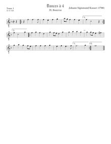 Partition ténor viole de gambe 1, octave aigu clef, 3 Dances à 4 par Johann Sigismund Kusser
