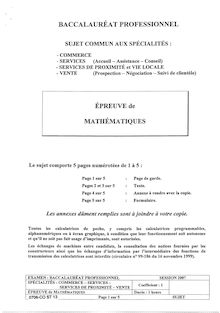 Mathématiques 2007 Bac Pro - Commerce