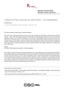 L Œuvre de Felix Jenewein de Jakub Deml : une interprétation poétique - article ; n°1 ; vol.74, pg 77-87