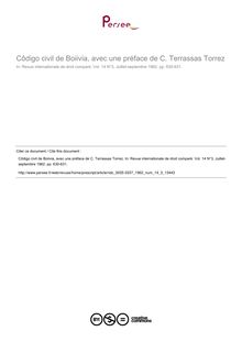 Côdigo civil de Boiivia, avec une préface de C. Terrassas Torrez - note biblio ; n°3 ; vol.14, pg 630-631