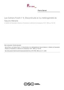 Les Cahiers Forell n° 8, Discontinuité et /ou hétérogénéité de l œuvre littéraire  ; n°1 ; vol.47, pg 103-104
