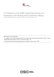 T.C. Hartley et J.A.G. Griffith, Government and Law. An Introduction to the Working of the Constitution in Britain - note biblio ; n°1 ; vol.28, pg 184-184