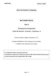 Mathématiques Spécialité 2005 Scientifique Baccalauréat général