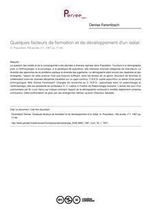 Quelques facteurs de formation et de développement d un isolat - article ; n°1 ; vol.16, pg 71-90