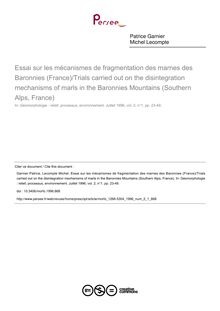 Essai sur les mécanismes de fragmentation des marnes des Baronnies (France)/Trials carried out on the disintegration mechanisms of marls in the Baronnies Mountains (Southern Alps, France) - article ; n°1 ; vol.2, pg 23-49