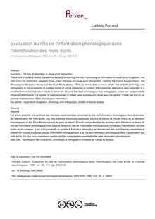 Evaluation du rôle de l information phonologique dans l identification des mots écrits - article ; n°2 ; vol.95, pg 293-315