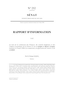 Rapport d information fait au nom de la Commission des finances [...] sur un projet de décret d avance transmis le 10 mars 2006 à la commission, en application de l article 13 de la LOLF