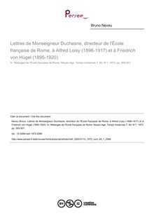 Lettres de Monseigneur Duchesne, directeur de l École française de Rome, à Alfred Loisy (1896-1917) et à Friedrich von Hügel (1895-1920) - article ; n°1 ; vol.84, pg 283-307