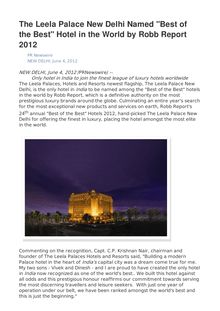 The Leela Palace New Delhi Named "Best of the Best" Hotel in the World by Robb Report 2012