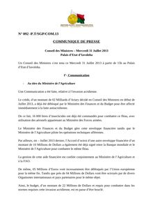 Communiqué : Conseil des Ministres – Mercredi 31 Juillet 2013 Palais d’Etat d’Iavoloha