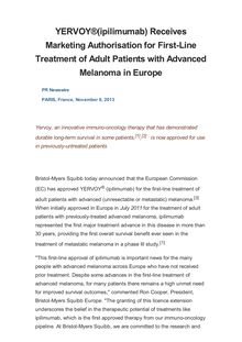 YERVOY®(ipilimumab) Receives Marketing Authorisation for First-Line Treatment of Adult Patients with Advanced Melanoma in Europe