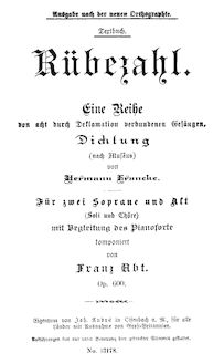 Partition Complete Book, Rübezahl, Märchendichtung für Soli (S., A.) und Chöre (2 S. u. A.) und Pianoforte mit verbindender Deklamation