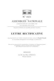 Assemblée Nationale : Lettre rectificative au projet de loi (n° 1011) relatif à la lutte contre la fraude fiscale et la grande délinquance économique et financière