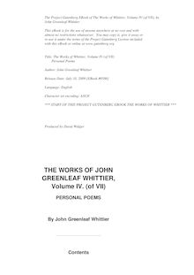 Personal Poems, Complete - Volume IV., the Works of Whittier: Personal Poems