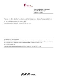 Place et rôle de la médiation phonologique dans l acquisition de la lecture/écriture en français - article ; n°1 ; vol.122, pg 51-67