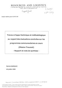 Travaux d appui technique et méthodologique au rapport des évaluations conduites sur les programmes communautaires en cours (Mission Trousset) : rapport et note de synthèse