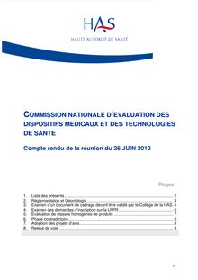 CNEDiMTS - Commission du 26 juin 2012 - Procès verbal CNEDiMTS 26 06 2012