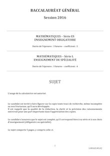 Baccalauréat Mathématiques 2016 - Série ES (obligatoire), série L (spécialité)