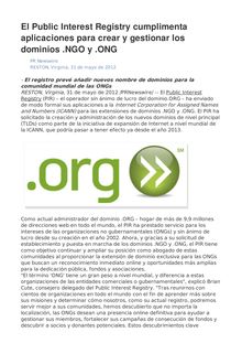 El Public Interest Registry cumplimenta aplicaciones para crear y gestionar los dominios .NGO y .ONG