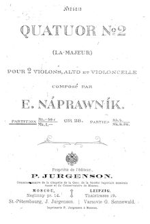 Partition complète, corde quatuor No.2, Op.28, A major, Nápravník, Eduard