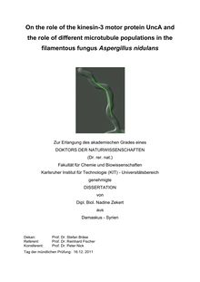 On the role of the kinesin-3 motor protein UncA and the role of different microtubule populations in the filamentous fungus Aspergillus nidulans [Elektronische Ressource] / Nadine Zekert. Betreuer: R. Fischer