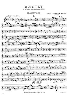 Partition clarinette (B♭), quintette, Квинтет, B♭ major, Rimsky-Korsakov, Nikolay