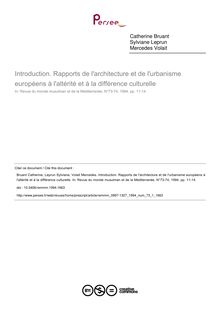 Introduction. Rapports de l architecture et de l urbanisme européens à l altérité et à la différence culturelle - article ; n°1 ; vol.73, pg 11-14