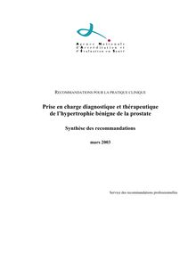 Prise en charge diagnostique et thérapeutique de l’hypertrophie bénigne de la prostate - HBP 2003 - Synthèse des recommandations