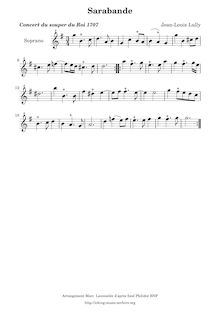 Partition Sarabande - parties (Descant, 2 Trebles, ténor, basse), Concert de violons et de hautbois donné pour le souper du Roy le seize janvier 1707