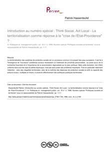 Introduction au numéro spécial : Think Social, Act Local - La territorialisation comme réponse à la crise de l Etat-Providence ? - article ; n°3 ; vol.16, pg 1-11