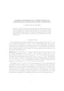 GENERIC PROPERTIES OF CLOSED ORBITS OF HAMILTONIAN FLOWS FROM MAN˜E S VIEWPOINT