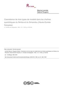 Coexistence de trois types de modelé dans les chaînes quartzitiques du Nimba et du Simandou (Haute-Guinée française) - article ; n°328 ; vol.61, pg 432-442