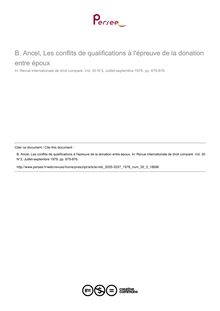 B. Ancel, Les conflits de qualifications à l épreuve de la donation entre époux - note biblio ; n°3 ; vol.30, pg 1235-1236
