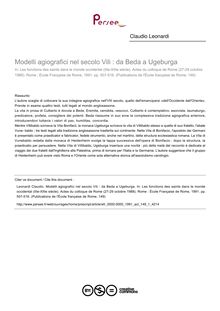 Modelli agiografici nel secolo Vili : da Beda a Ugeburga - article ; n°1 ; vol.149, pg 507-516